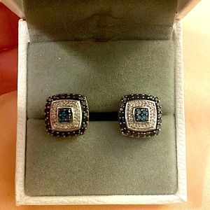 14K white gold earrings with black and blue diamond accents